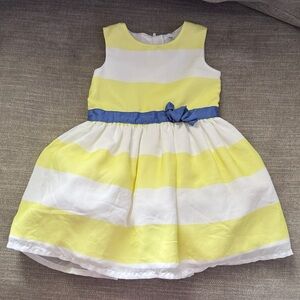 Girls Yellow & White Striped Party Dress with Blue Bow
